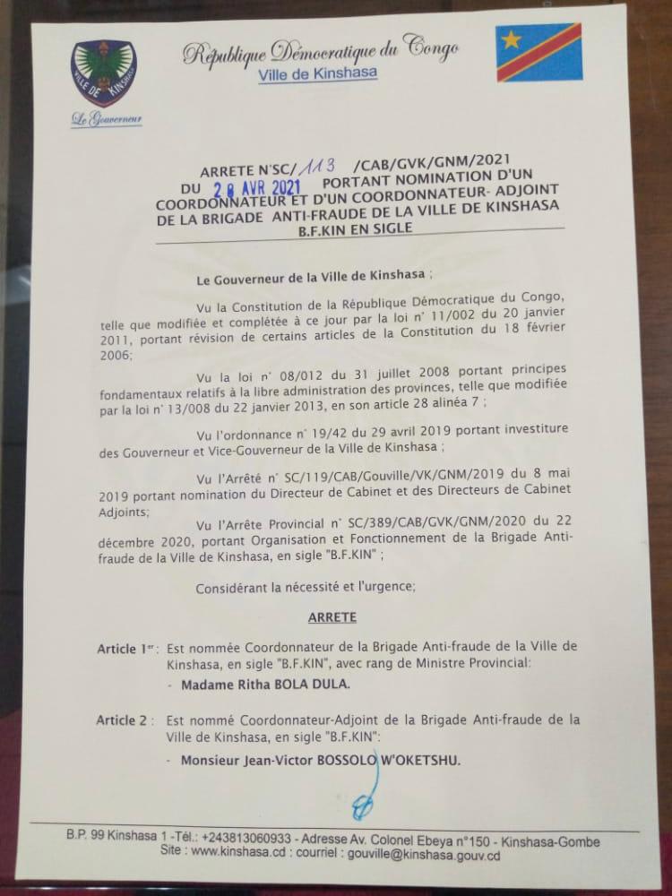 Kinshasa : Ritha Bola nommée coordonnateur de la Brigade Anti-Fraude de la Ville