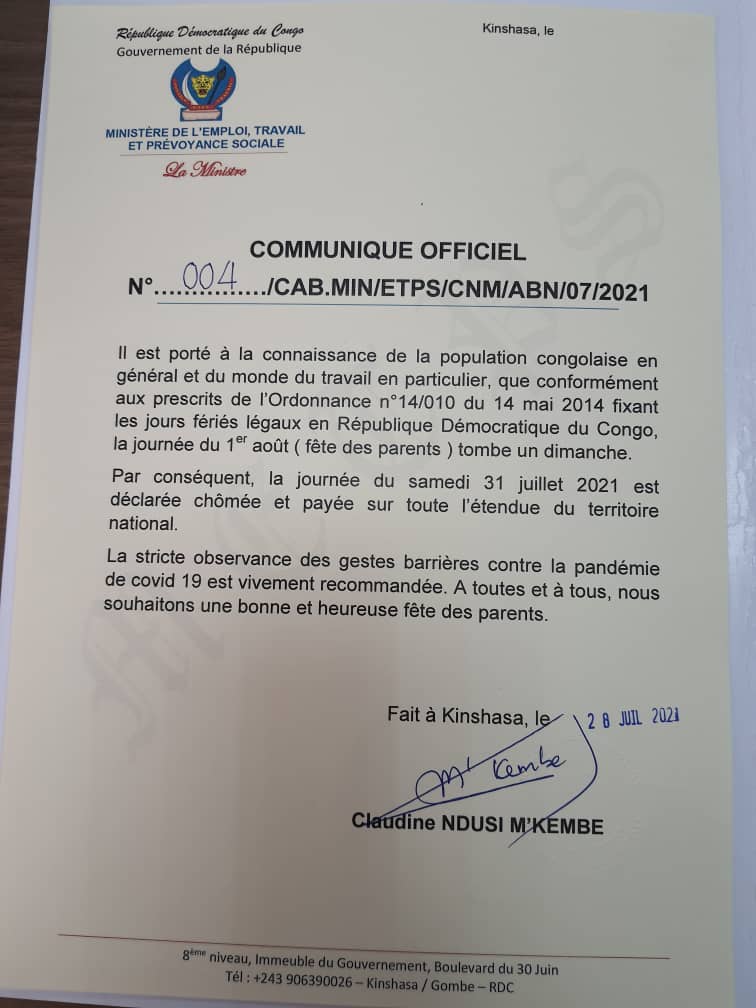 RDC: Le samedi 31 Juillet 2021 déclaré chômé et payé sur rl’étendue du territoire national (communiqué)