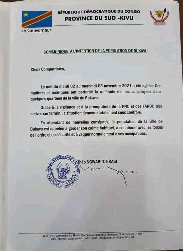 Bukavu : Après une nuit agitée, la situation est sous contrôle  (Communiqué)