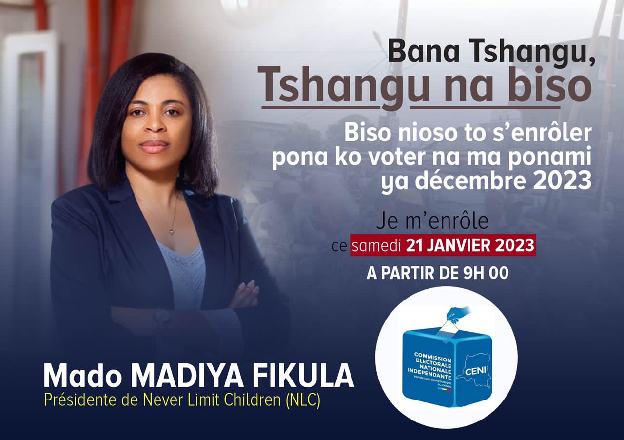 Kinshasa : la présidente de Never Limit Children Mado Madiya s’enrôle ce samedi et appelle les habitants de la Tshangu à faire de même