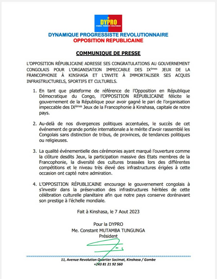 RDC : l’opposition républicaine félicite le gouvernement pour la réussite des IXes jeux de la francophonie